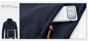 Détail de la poche zippée de la veste en polaire bleue avec tirette en cuir robuste