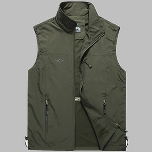 Detail of army green outdoor vest with windproof stand collar and three zipper pockets