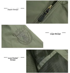 Macro detail of military green jacket with metal zipper, embroidery, and mesh inner pocket