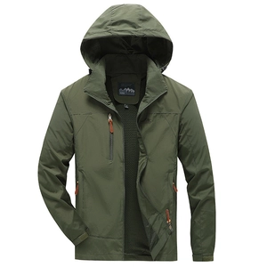 Men's dark green hooded outdoor windbreaker jacket with zipper pockets and breathable mesh lining