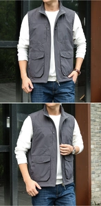 Detail der grauen Outdoor-Fleeceweste mit Multi-Pocket-Design und warmem Fleece-Futter