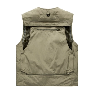 Outdoor fishing vest with multiple pockets and breathable mesh back in khaki green