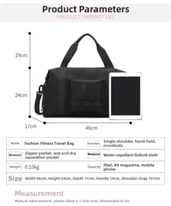 Size chart for travel duffle bag showing 46x24x17cm dimensions with waterproof fabric details
