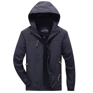Men's dark blue windbreaker jacket with breathable mesh lining and three zip pockets