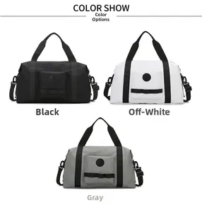 Three travel duffle bags in black, beige, and grey with shoulder straps and top handles