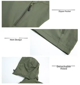 Detail of waterproof jacket featuring zipper pockets, adjustable hem, and detachable hood
