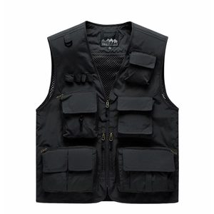 Outdoor fishing vest with multiple utility pockets and breathable mesh lining in black