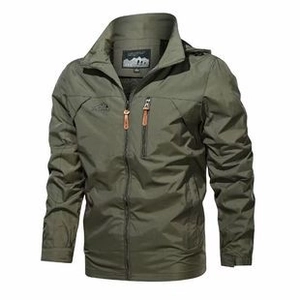 Detail of olive green windproof jacket featuring a stand collar and chest zip pocket
