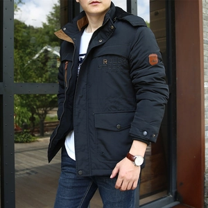 Men's black mid-length hooded warm padded jacket with embroidery for outdoor leisure wear