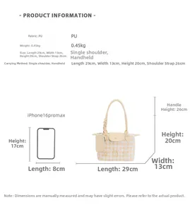 Detailed size comparison of yellow plaid tote bag with iPhone 16 Pro Max