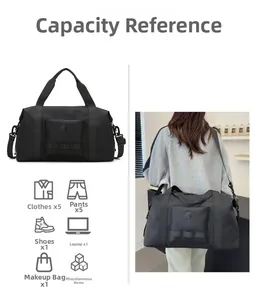 Detail of black travel bag showing interior capacity and multi-pocket storage design
