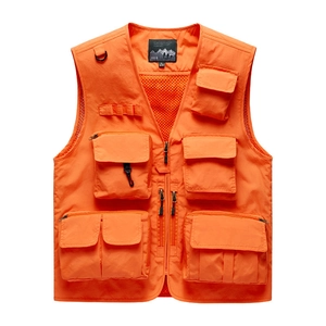 Men's bright orange outdoor multi-pocket fishing vest with V-neck and mesh lining