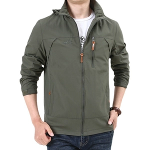 Men's outdoor hooded jacket in army green with full zip and functional pockets