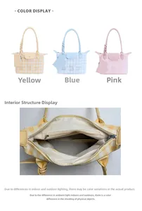 Detail view of the multi-pocket interior storage and colorful gingham canvas tote bags