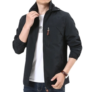 Men's outdoor hooded windbreaker in black with zipper chest pocket and elastic cuffs