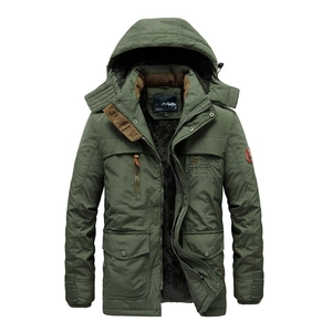 Men's hooded winter parka in army green with warm faux fur lining and windproof fabric