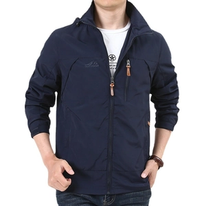 Men's navy blue outdoor hooded windbreaker with mountain embroidery and zip front