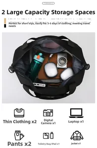Top-down view of a spacious black travel bag showing storage for 3-5 days of clothing