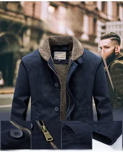 Detail shots of sherpa-lined collar, metal zipper, and embroidery on navy winter jacket