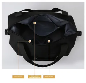 Detail view of the waterproof travel bag showing wet-dry separation and inner pockets