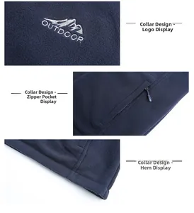 Details einer dunkelblauen Fleeceweste mit Stickerei und Reißverschlusstaschen