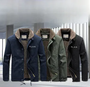 Three colors of men's lamb wool fleece jackets in navy, army green, and black options