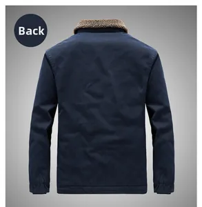 Back view of a navy blue windproof jacket featuring a warm brown fleece-lined collar