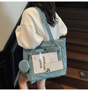 Detail of light blue nylon tote bag with a clear PVC front pocket and round coin purse