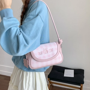 Pink and white checkered crossbody bag with cute cartoon embroidery and biscuit charm
