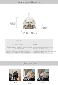 Detailed size specifications and color options for the trendy mini PU leather backpack