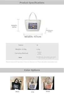 Detailed chart showing canvas tote dimensions, bear print pattern, and color options