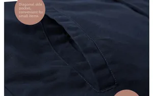 Detailed close-up of the slanted side pocket with reinforced stitching on a navy jacket