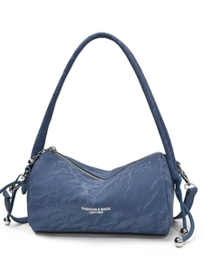 Blue pleated leather cylinder shoulder bag with silver hardware and long crossbody strap