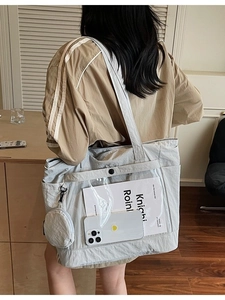 Large grey canvas tote bag with transparent pocket and round coin purse for students