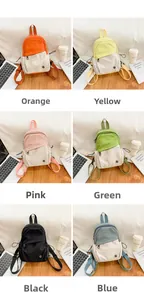 Collage of multi-color canvas backpacks with front zippers and metal tags for daily travel