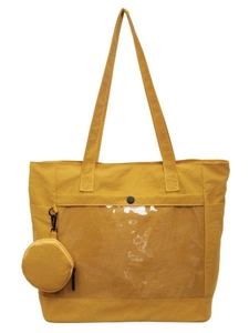 Mustard yellow canvas tote bag with clear PVC window and matching round coin purse