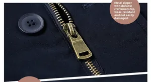 Detail of durable metal zipper and reinforced button on navy blue lamb velvet jacket