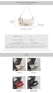 Detailed size chart and product specifications for the casual PU leather baguette bag