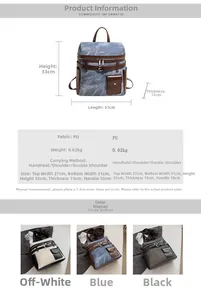 Detailed size chart for women's PU leather backpack with dimensions and color options