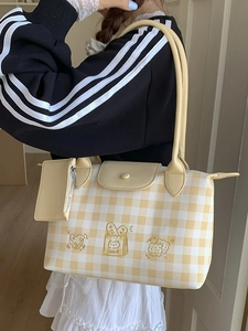 Women Large Capacity Gingham Tote Bag Preppy Style Commuting Shoulder Underarm Bag With Cartoon Embroidery PU Leather Bag Set