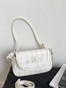 Women Gingham Crossbody Bag PU Leather Cartoon Embroidery Korean Style Shoulder Bag Small Square Bag With Cookie Charm