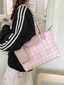 Pink checkered tote bag with cartoon cake embroidery and matching small zipper pouch