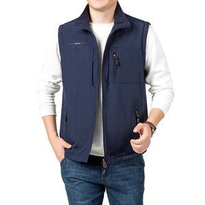 Navy blue reversible polar fleece vest with stand collar and zipper pockets for men