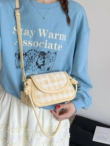 Fashionable plaid saddle crossbody bag with cute cat embroidery and adjustable strap