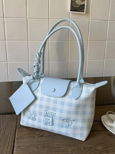 Blue plaid canvas tote bag with bread embroidery and twisted top handle for daily school use