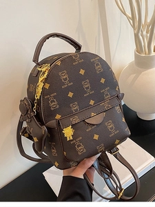 Fashion Women Mini PU Leather Backpack Cute Cartoon Bear Rhombus Print Leisure Student Schoolbag With Small Dog Charm
