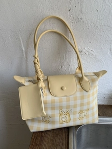 Yellow and white checkered nylon tote bag with cute bread embroidery and small pouch