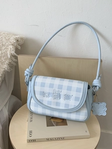 Blue and white gingham shoulder bag featuring cute bread embroidery and knot strap detail