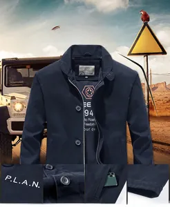 Detail view of water-resistant navy deck jacket with stand collar and durable zipper