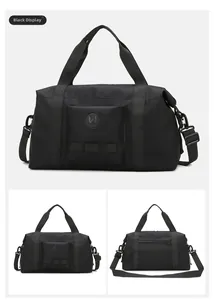 Front and back views of black waterproof travel duffel with shoulder strap and metal hooks